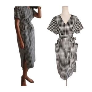 Two Days Off Linen Gingham plaid Minimalist Haruko Midi Belted dress Medium
